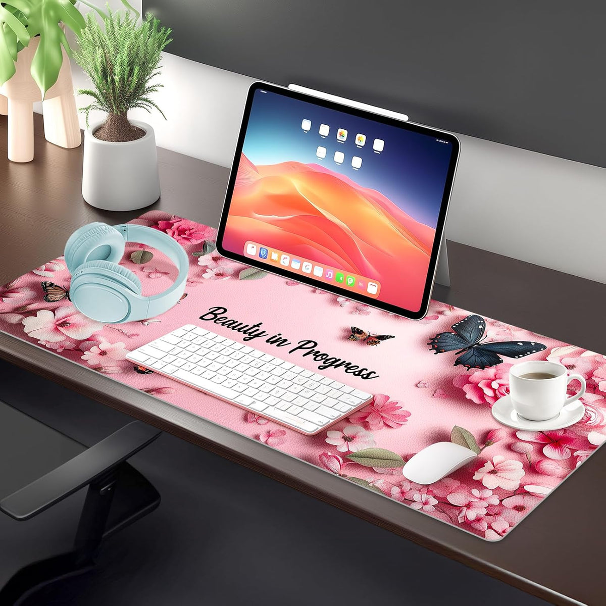 Dual Sided Desk Mat PU Leather, Waterproof Desk Pad, Pink Butterfly