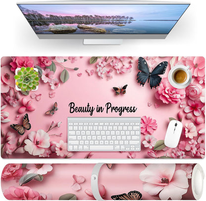 Dual Sided Desk Mat PU Leather, Waterproof Desk Pad, Pink Butterfly