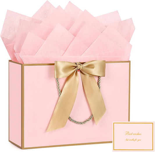 Pink Gift Bags with Handles, 13” Medium Gift Bag for Presents, 1 Pcs Bags with 2 Tissue Paper and 1 Cards for Baby Shower Wedding Bridal Shower Mother's Day Birthday Party (Pink Golden)
