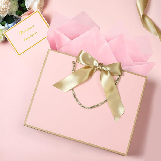 Pink Gift Bags with Handles, 13” Medium Gift Bag for Presents, 1 Pcs Bags with 2 Tissue Paper and 1 Cards for Baby Shower Wedding Bridal Shower Mother's Day Birthday Party (Pink Golden)