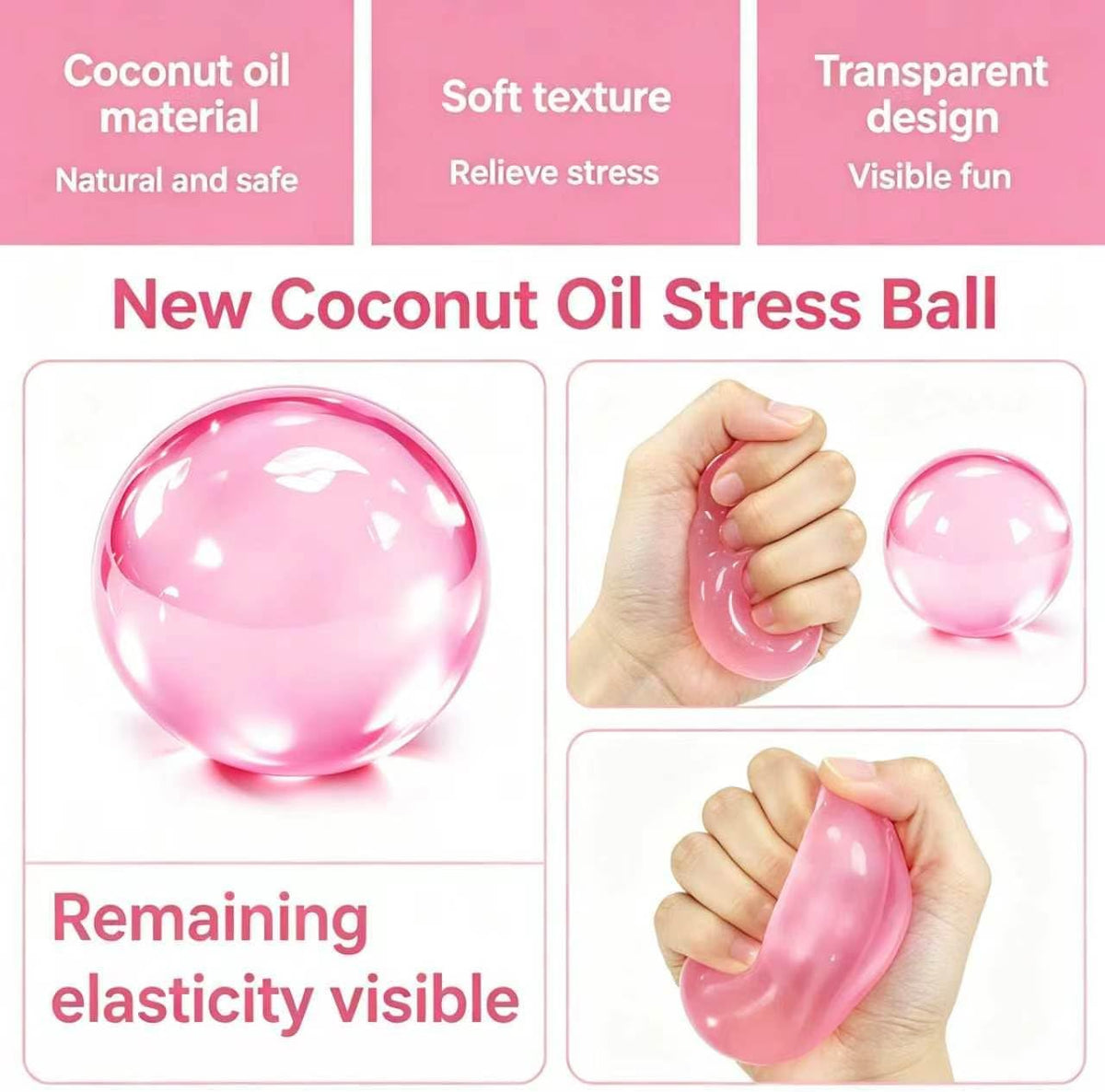 Coconut Oil Squishy Stress Ball, Shapeable and No Rebound. Soft Elastic Fidget Toy for Adults and Kids. Anxiety Relief, Office Desk Calming, Birthday Pink.（Pink）