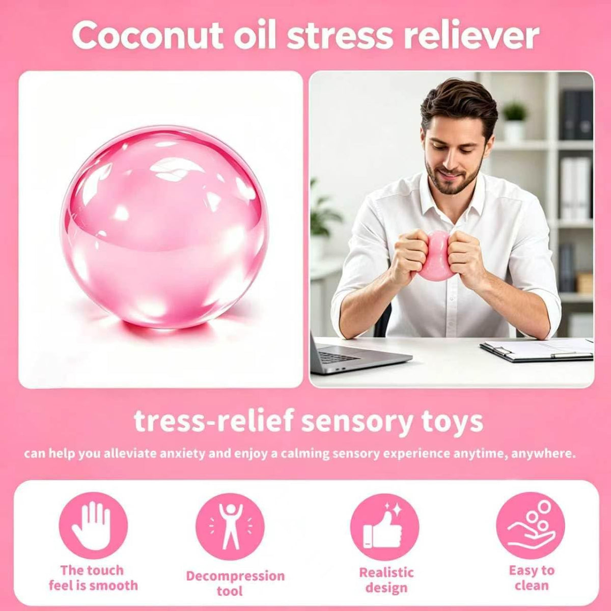 Coconut Oil Squishy Stress Ball, Shapeable and No Rebound. Soft Elastic Fidget Toy for Adults and Kids. Anxiety Relief, Office Desk Calming, Birthday Pink.（Pink）