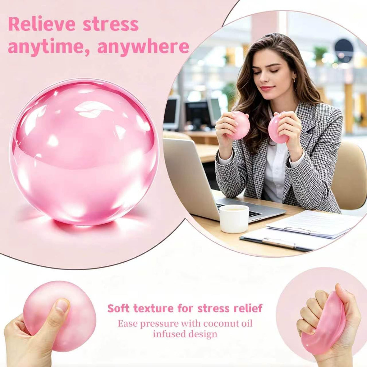 Coconut Oil Squishy Stress Ball, Shapeable and No Rebound. Soft Elastic Fidget Toy for Adults and Kids. Anxiety Relief, Office Desk Calming, Birthday Pink.（Pink）