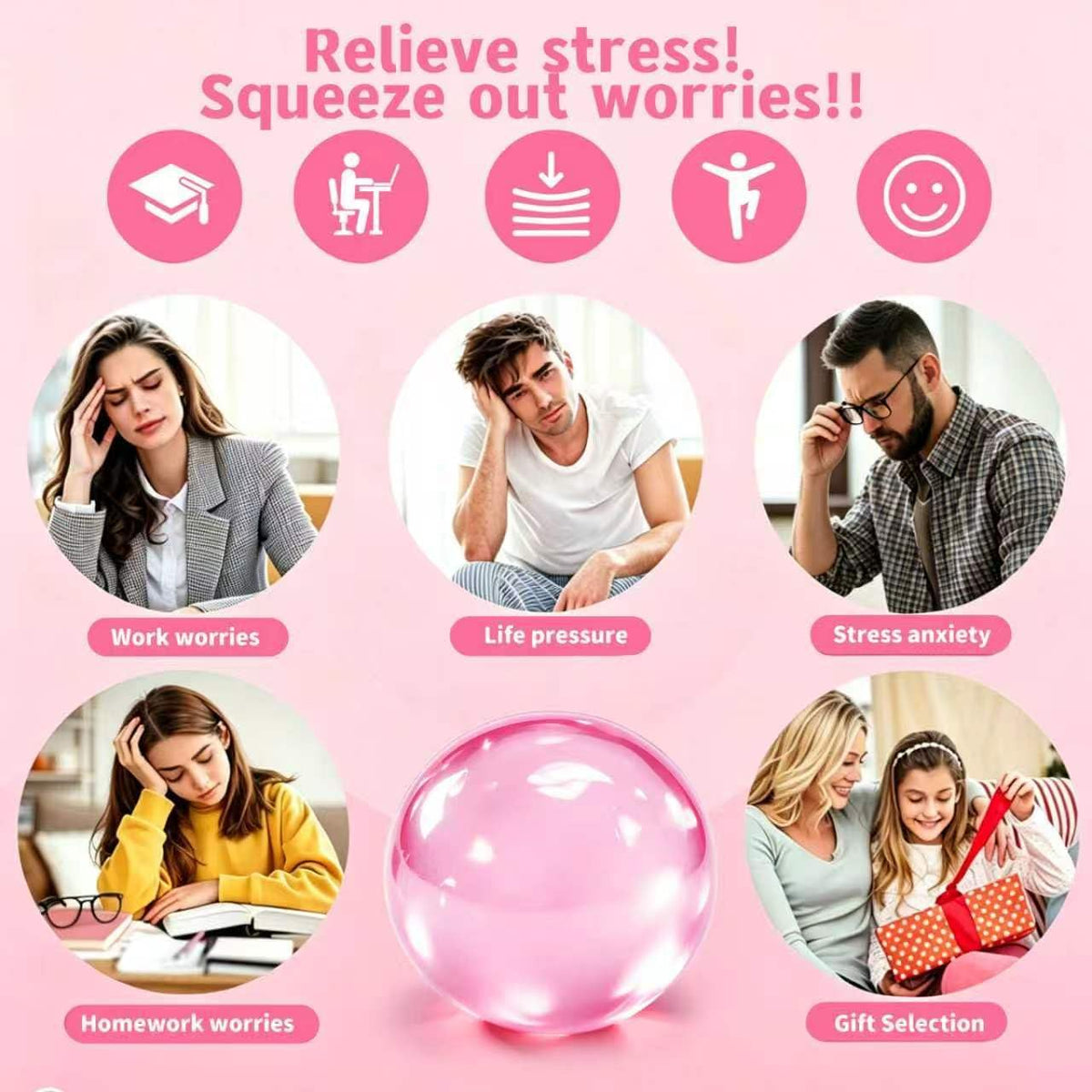 Coconut Oil Squishy Stress Ball, Shapeable and No Rebound. Soft Elastic Fidget Toy for Adults and Kids. Anxiety Relief, Office Desk Calming, Birthday Pink.（Pink）