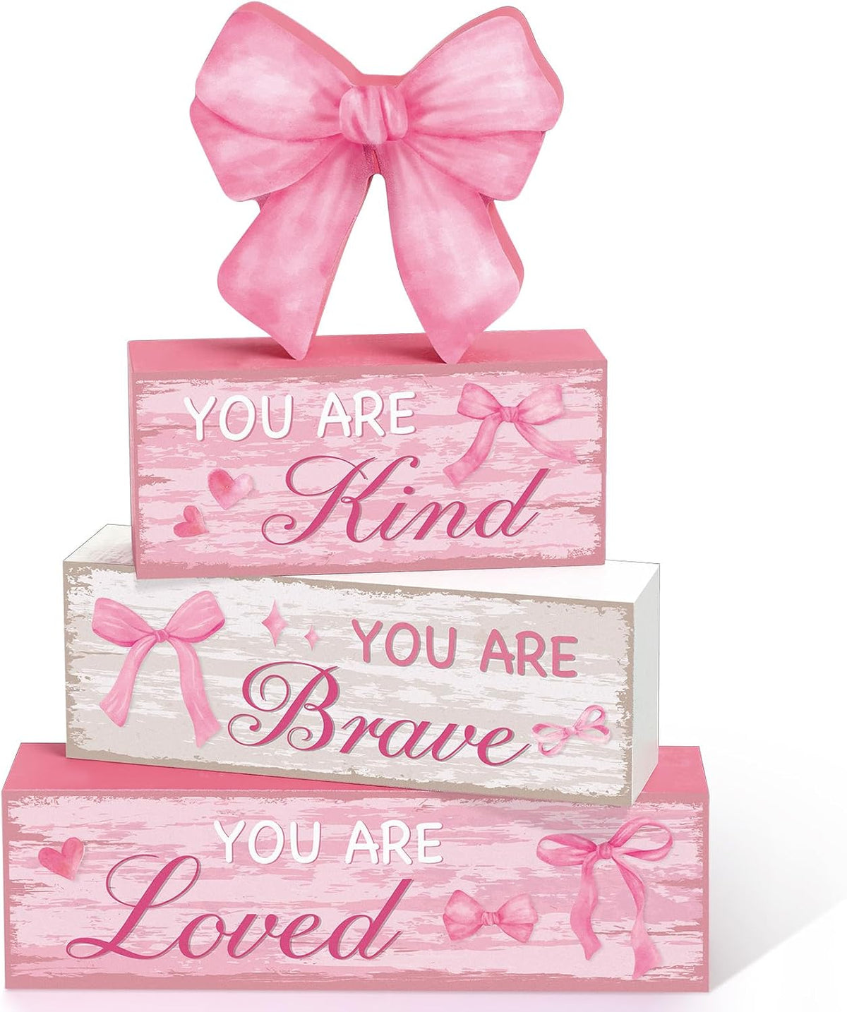 4 Pieces Pink Bow Room Decor Bow Tiered Tray Decor Your are Kind, Brave, Loved Centerpiece Wooden Signs for Farmhouse Home Office Entryway Preppy Coquette Inspirational Table Decorations