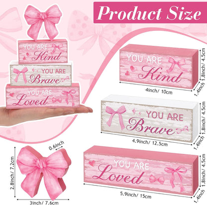 4 Pieces Pink Bow Room Decor Bow Tiered Tray Decor Your are Kind, Brave, Loved Centerpiece Wooden Signs for Farmhouse Home Office Entryway Preppy Coquette Inspirational Table Decorations