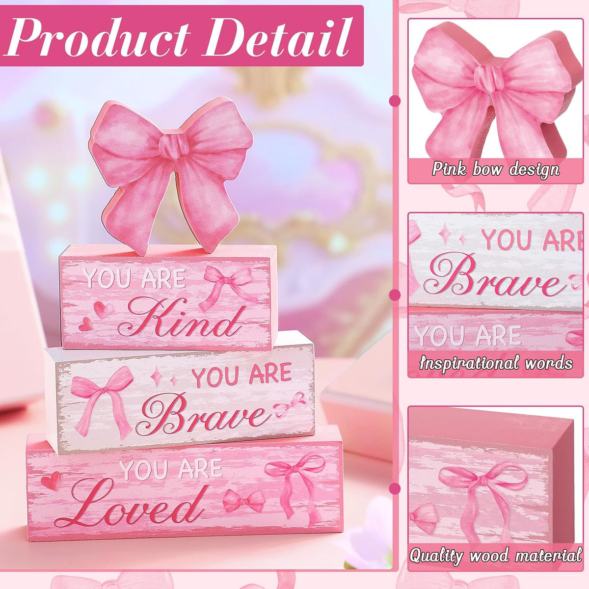 4 Pieces Pink Bow Room Decor Bow Tiered Tray Decor Your are Kind, Brave, Loved Centerpiece Wooden Signs for Farmhouse Home Office Entryway Preppy Coquette Inspirational Table Decorations