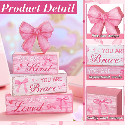 4 Pieces Pink Bow Room Decor Bow Tiered Tray Decor Your are Kind, Brave, Loved Centerpiece Wooden Signs for Farmhouse Home Office Entryway Preppy Coquette Inspirational Table Decorations