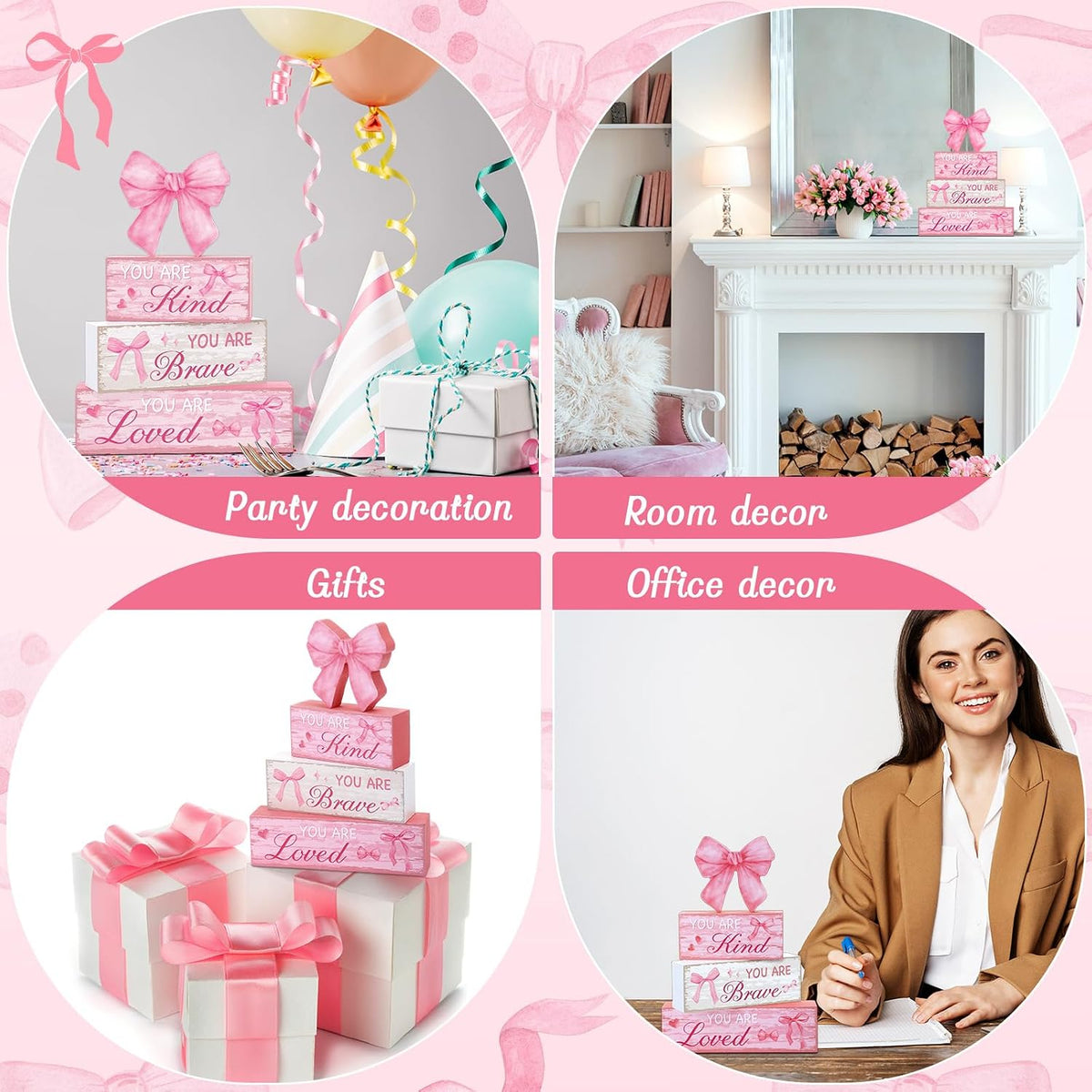 4 Pieces Pink Bow Room Decor Bow Tiered Tray Decor Your are Kind, Brave, Loved Centerpiece Wooden Signs for Farmhouse Home Office Entryway Preppy Coquette Inspirational Table Decorations