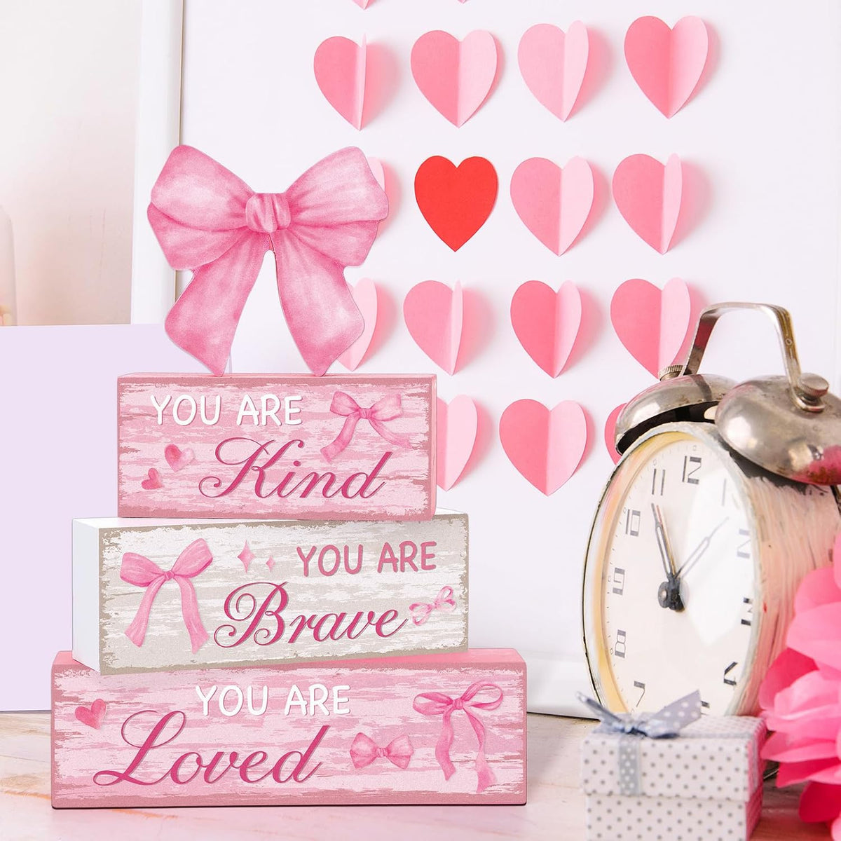 4 Pieces Pink Bow Room Decor Bow Tiered Tray Decor Your are Kind, Brave, Loved Centerpiece Wooden Signs for Farmhouse Home Office Entryway Preppy Coquette Inspirational Table Decorations