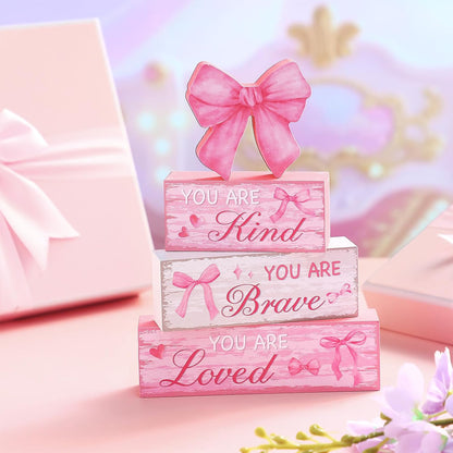 4 Pieces Pink Bow Room Decor Bow Tiered Tray Decor Your are Kind, Brave, Loved Centerpiece Wooden Signs for Farmhouse Home Office Entryway Preppy Coquette Inspirational Table Decorations