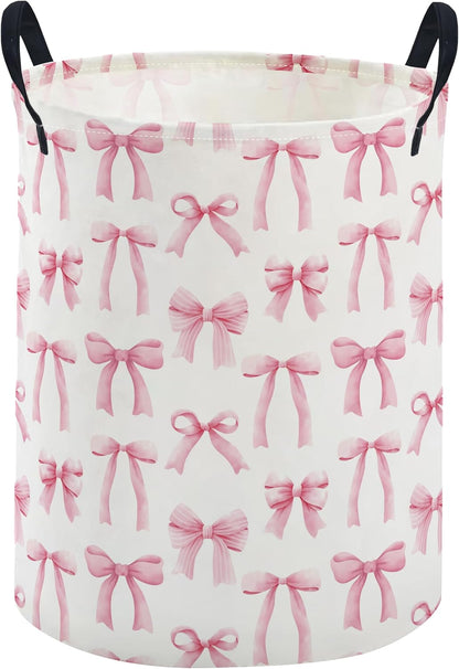 Kids Laundry Basket,Pink Hamper Collapsible Canvas Waterproof Storage Bin for Girls, Cute Hamper,Gift Baskets(Bowknot)