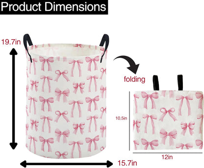 Kids Laundry Basket,Pink Hamper Collapsible Canvas Waterproof Storage Bin for Girls, Cute Hamper,Gift Baskets(Bowknot)