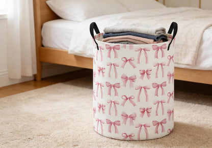 Kids Laundry Basket,Pink Hamper Collapsible Canvas Waterproof Storage Bin for Girls, Cute Hamper,Gift Baskets(Bowknot)