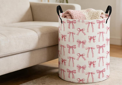 Kids Laundry Basket,Pink Hamper Collapsible Canvas Waterproof Storage Bin for Girls, Cute Hamper,Gift Baskets(Bowknot)