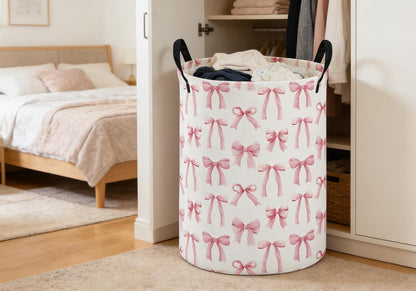 Kids Laundry Basket,Pink Hamper Collapsible Canvas Waterproof Storage Bin for Girls, Cute Hamper,Gift Baskets(Bowknot)
