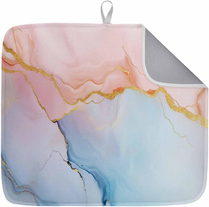 Dish Drying Mat Blue Pink Marble Kitchen Counter Drying Pad for Dishes Glasses Cups and Cookware Modern Abstract Art Absorbent Dish Drying Mat Machine Washable Kitchen Accessories 18" x 24"