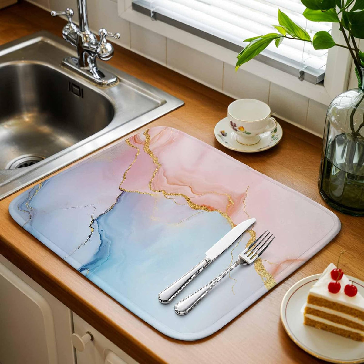 Dish Drying Mat Blue Pink Marble Kitchen Counter Drying Pad for Dishes Glasses Cups and Cookware Modern Abstract Art Absorbent Dish Drying Mat Machine Washable Kitchen Accessories 18" x 24"