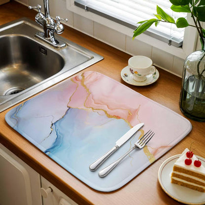 Dish Drying Mat Blue Pink Marble Kitchen Counter Drying Pad for Dishes Glasses Cups and Cookware Modern Abstract Art Absorbent Dish Drying Mat Machine Washable Kitchen Accessories 18" x 24"