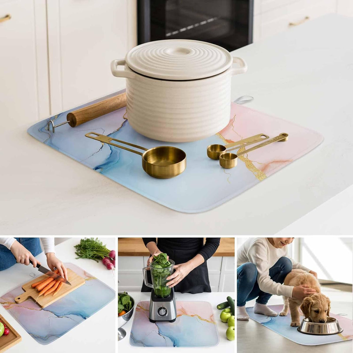 Dish Drying Mat Blue Pink Marble Kitchen Counter Drying Pad for Dishes Glasses Cups and Cookware Modern Abstract Art Absorbent Dish Drying Mat Machine Washable Kitchen Accessories 18" x 24"