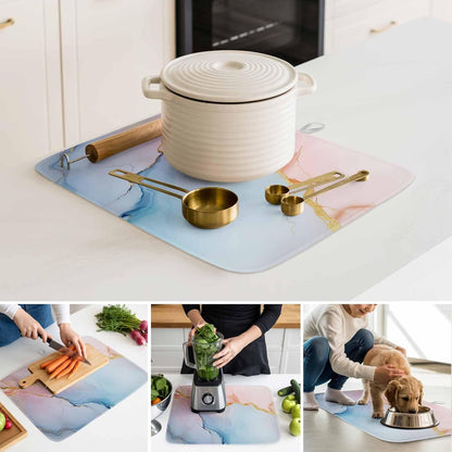 Dish Drying Mat Blue Pink Marble Kitchen Counter Drying Pad for Dishes Glasses Cups and Cookware Modern Abstract Art Absorbent Dish Drying Mat Machine Washable Kitchen Accessories 18" x 24"