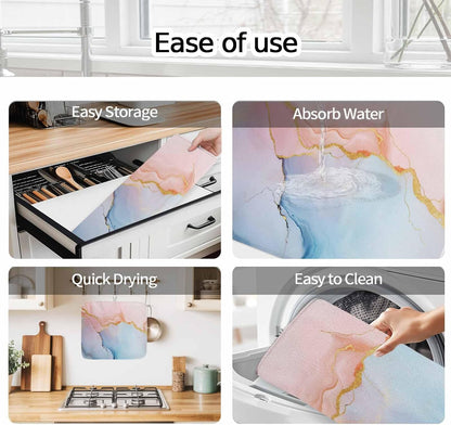 Dish Drying Mat Blue Pink Marble Kitchen Counter Drying Pad for Dishes Glasses Cups and Cookware Modern Abstract Art Absorbent Dish Drying Mat Machine Washable Kitchen Accessories 18" x 24"