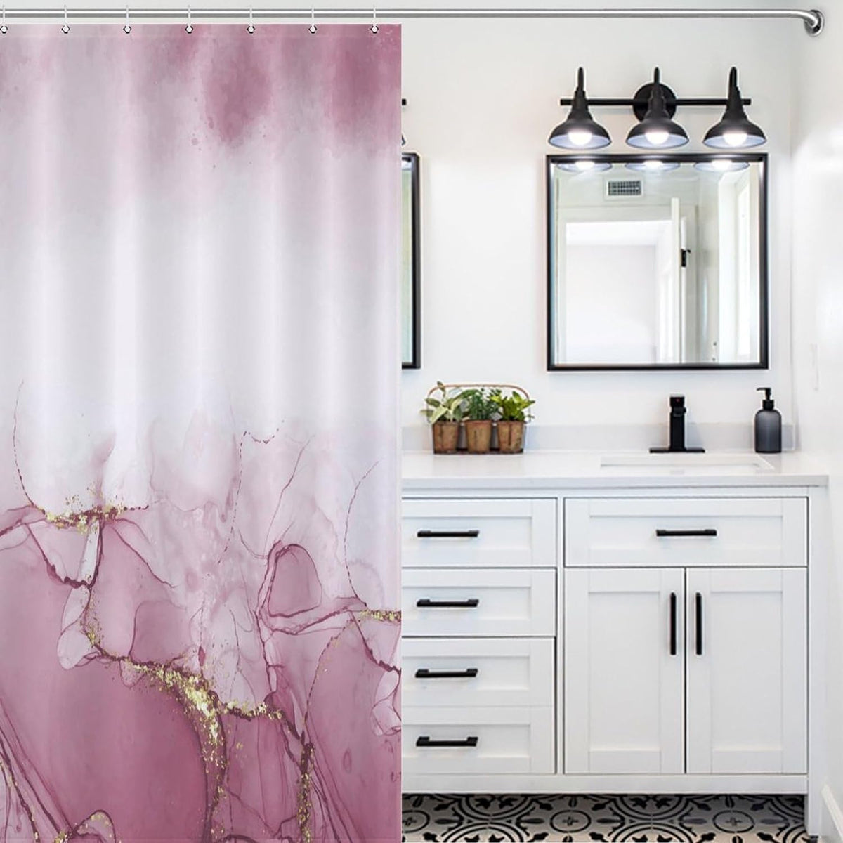 Pink Shower Curtain Modern Abstract Marble Luxury Gold Ink Texture Art Print Waterproof Bath Curtain for Bathroom Decor with 12 Hooks 66x72 Inch