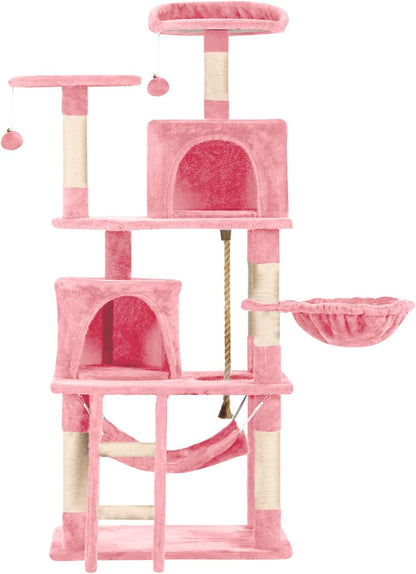 61in Cat Tree Tower for Indoor Cats with Cozy Basket & Hammock