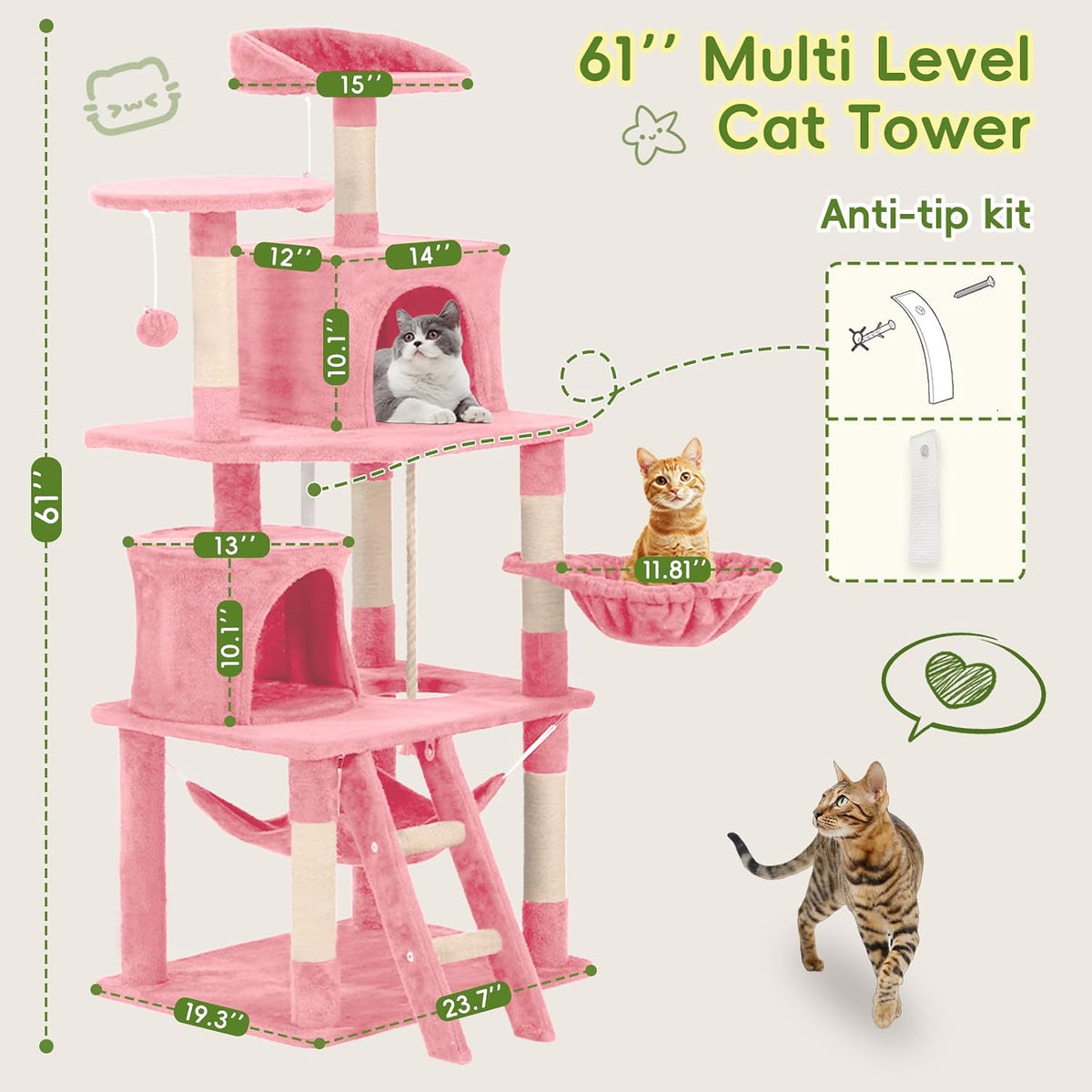 61in Cat Tree Tower for Indoor Cats with Cozy Basket & Hammock