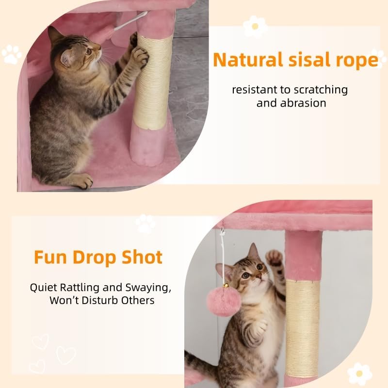 61in Cat Tree Tower for Indoor Cats with Cozy Basket & Hammock