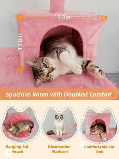 61in Cat Tree Tower for Indoor Cats with Cozy Basket & Hammock