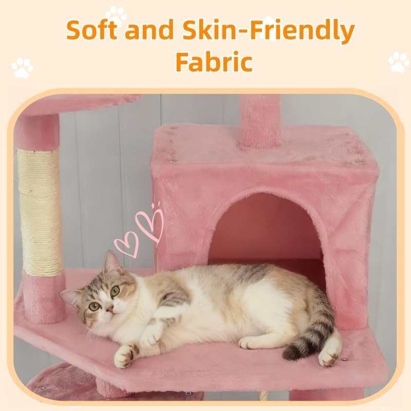 61in Cat Tree Tower for Indoor Cats with Cozy Basket & Hammock