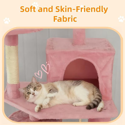 61in Cat Tree Tower for Indoor Cats with Cozy Basket & Hammock