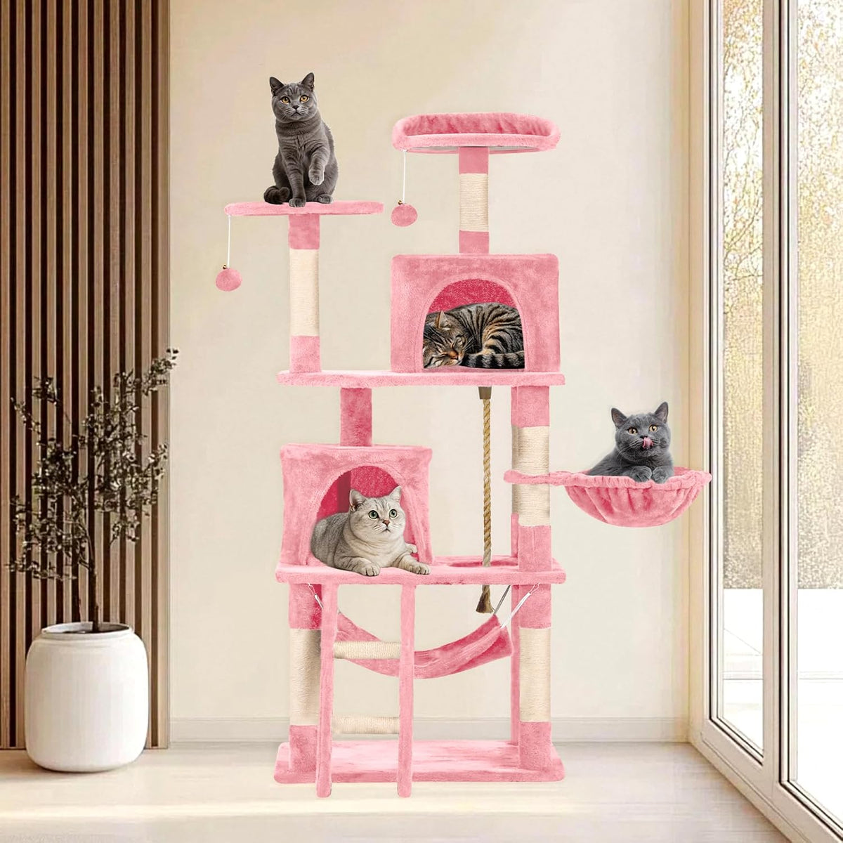 61in Cat Tree Tower for Indoor Cats with Cozy Basket & Hammock