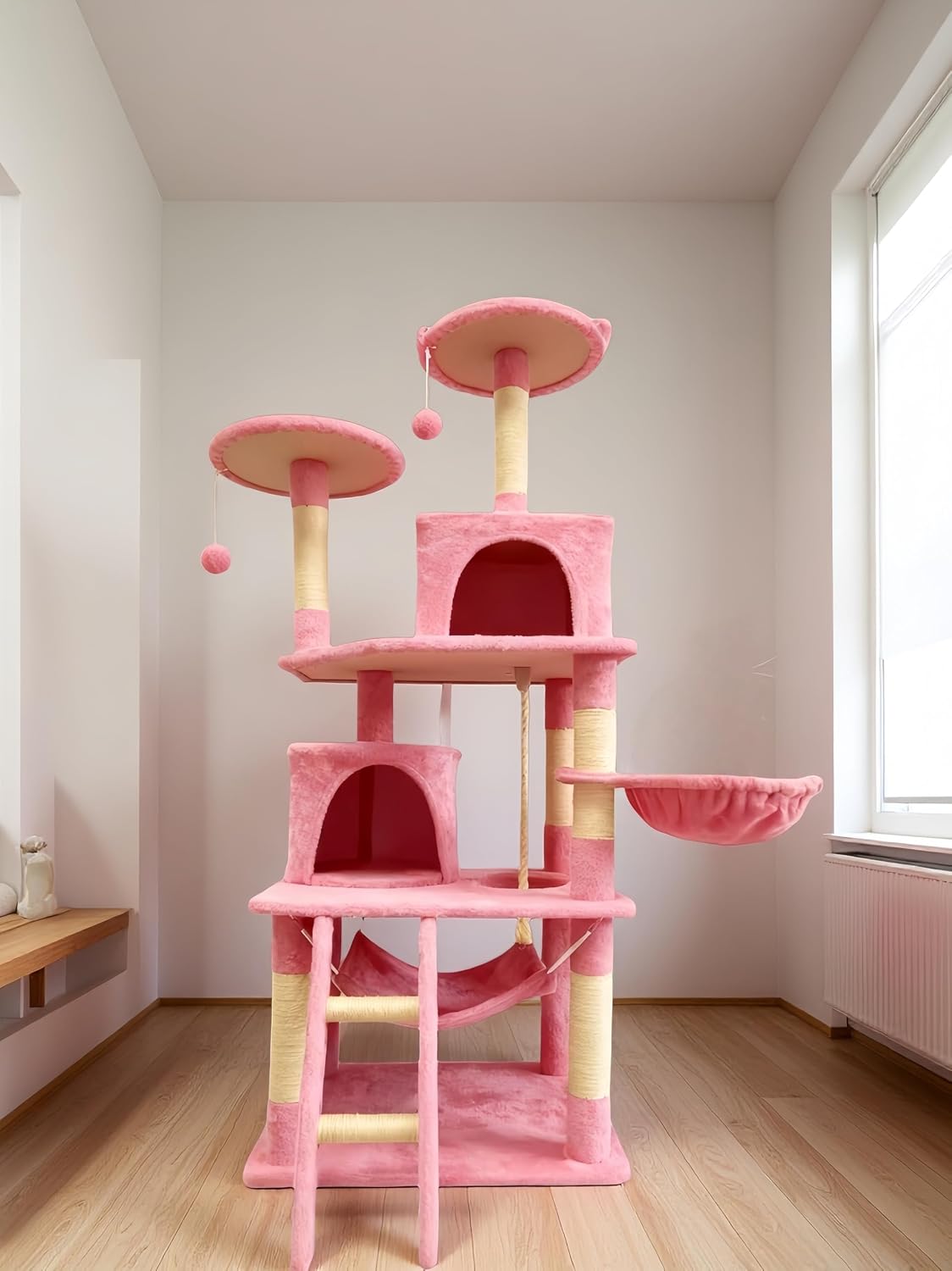 61in Cat Tree Tower for Indoor Cats with Cozy Basket & Hammock
