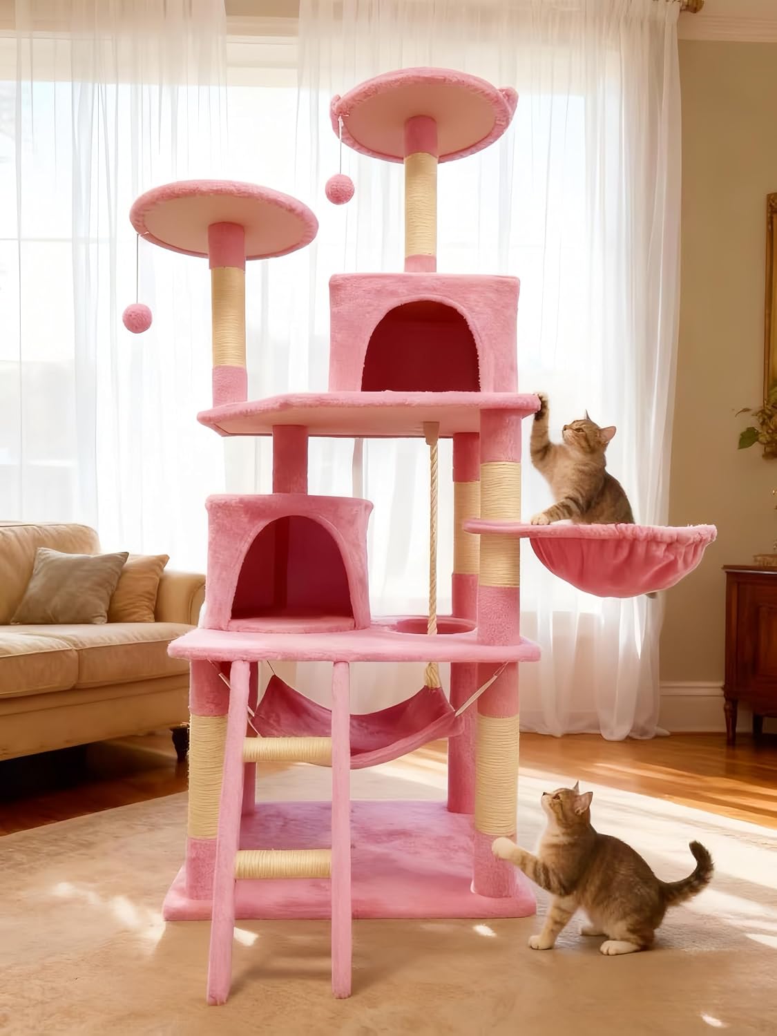 61in Cat Tree Tower for Indoor Cats with Cozy Basket & Hammock