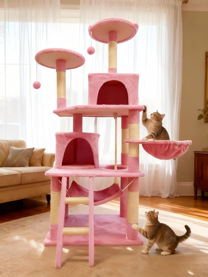 61in Cat Tree Tower for Indoor Cats with Cozy Basket & Hammock