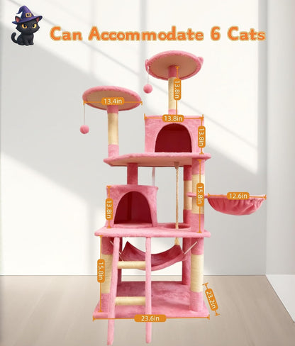 61in Cat Tree Tower for Indoor Cats with Cozy Basket & Hammock