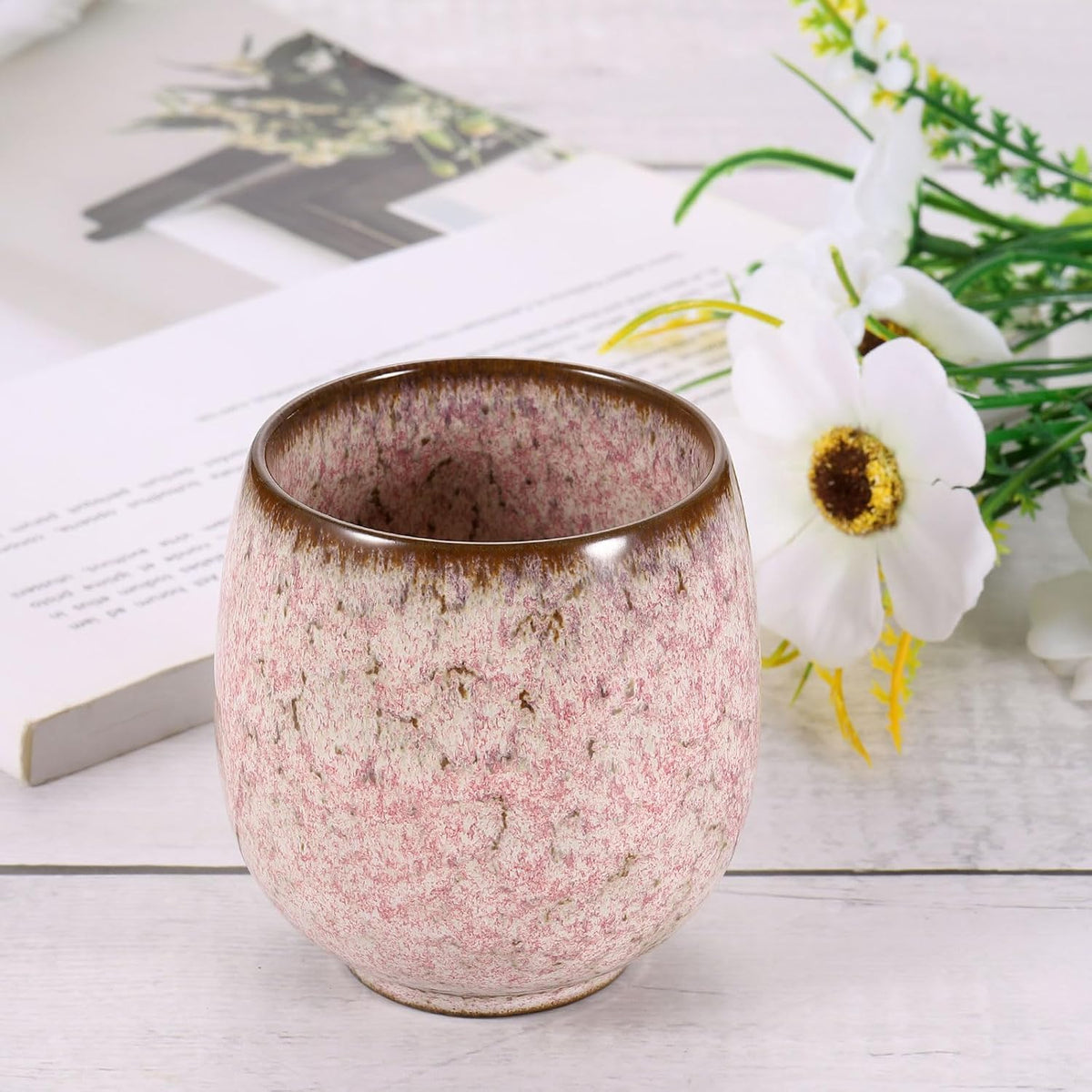 Chinese Ceramic Teacups 5.75oz Traditional Gong Fu Tea Set Ceramic Mate Teacup Japanese No Handle Small Coffee Cup for Mate Tea Coffee Wine Drinks, Light Pink