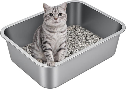 Stainless Steel Litter Box with High Sided, Metal Cat Litter Box, Odor-Free, Non-Stick Litterbox Pan, Easy to Clean Pet Supplies Toilet Tray for Indoor Cats, Kittens or Multicat Homes