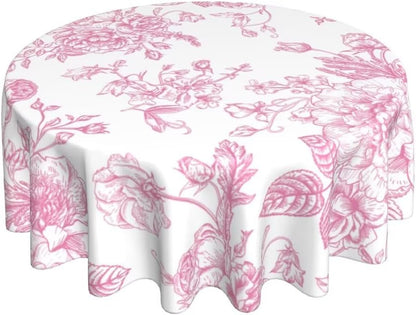 Floral Tablecloth 70x70 Inch Round, Pink Flower Table Cloth, Chinoiserie Floral Tablecloths Polyester Fabric Farmhouse Decorative for Spring Home Kitchen Dining Party