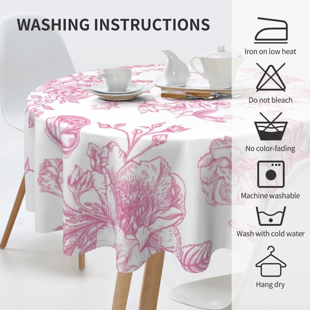 Floral Tablecloth 70x70 Inch Round, Pink Flower Table Cloth, Chinoiserie Floral Tablecloths Polyester Fabric Farmhouse Decorative for Spring Home Kitchen Dining Party
