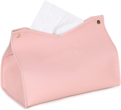 1PCS PU Leather Tissue Box Cover, Rectangle Facial Paper Organizer Dispenser, Modern Tissue Case Holder for Vanity Countertop Nightstands Living Room Office Desk Car (Pink)