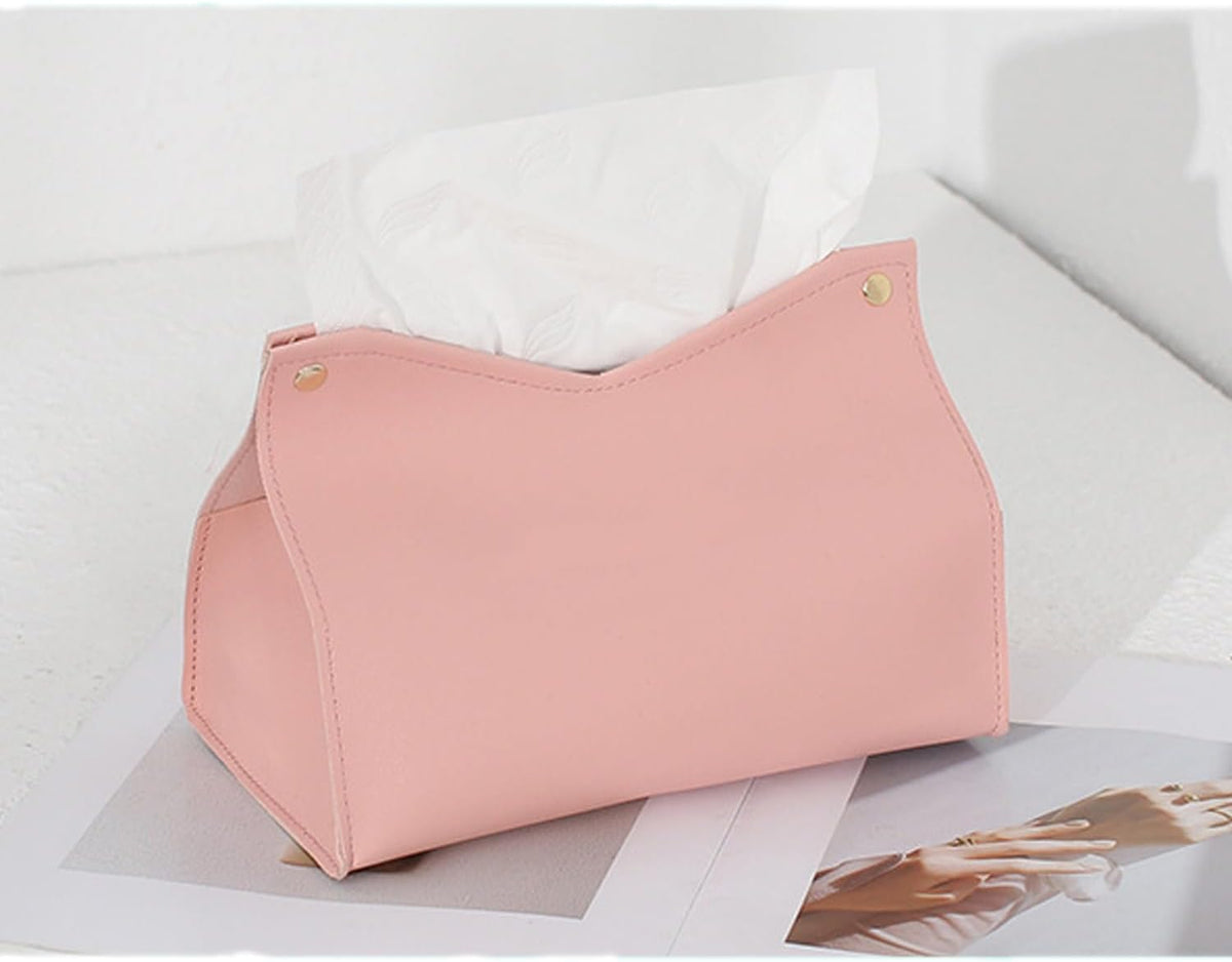 1PCS PU Leather Tissue Box Cover, Rectangle Facial Paper Organizer Dispenser, Modern Tissue Case Holder for Vanity Countertop Nightstands Living Room Office Desk Car (Pink)
