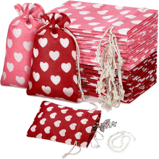 24 Pieces Valentine's Day Burlap Bag with Drawstring Linen Bag with Heart Red and Pink Heart Bag for Valentine's Day 4 x 6 Inches Heart Bag Party Favor Valentine's Day Gift Bags Packing Storage Pouch