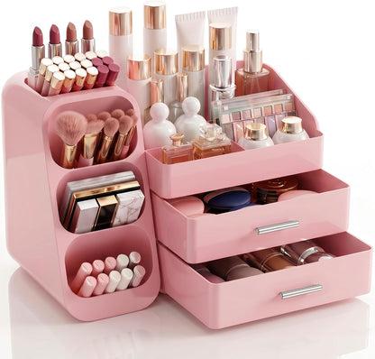Pink Makeup Organizer with Drawer for Bathroom Countertop Dresser Desk