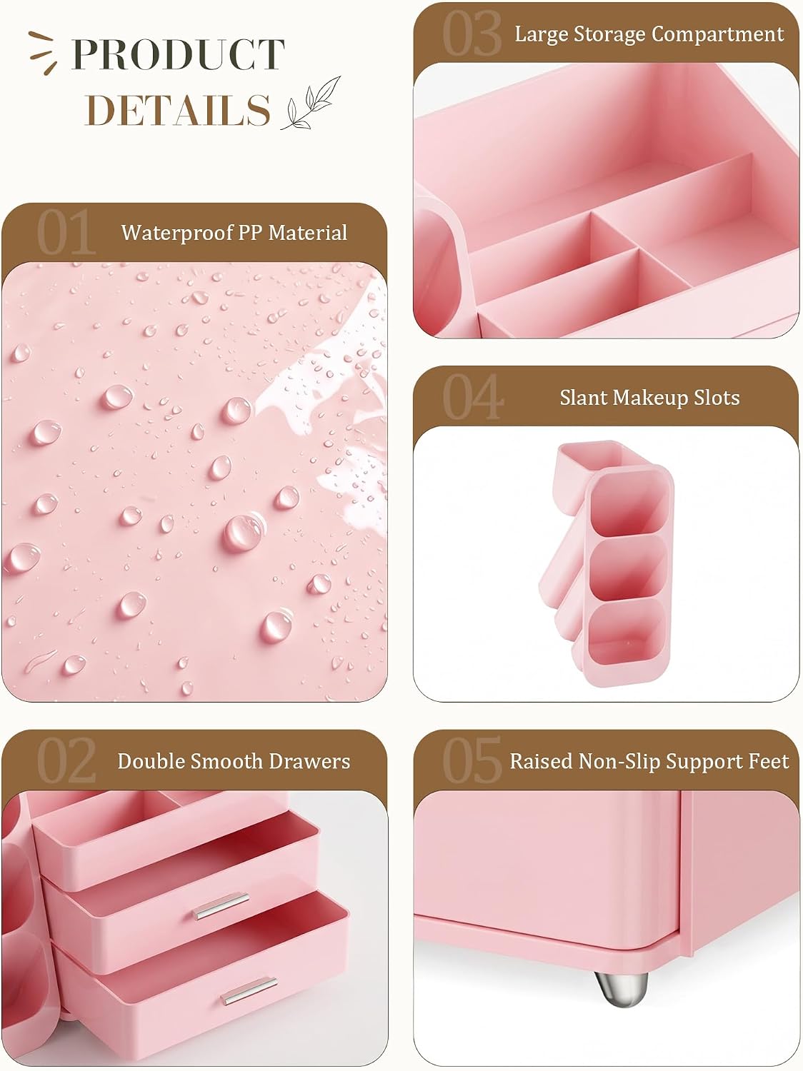 Pink Makeup Organizer with Drawer for Bathroom Countertop Dresser Desk