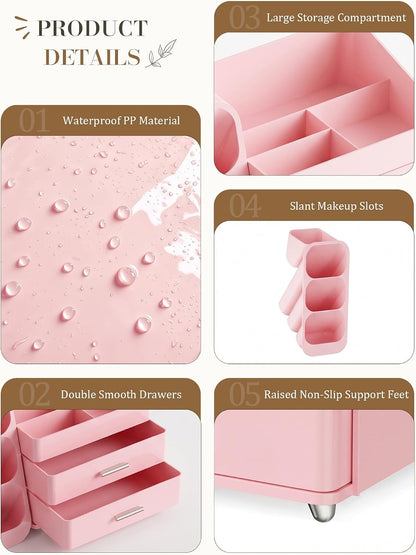 Pink Makeup Organizer with Drawer for Bathroom Countertop Dresser Desk