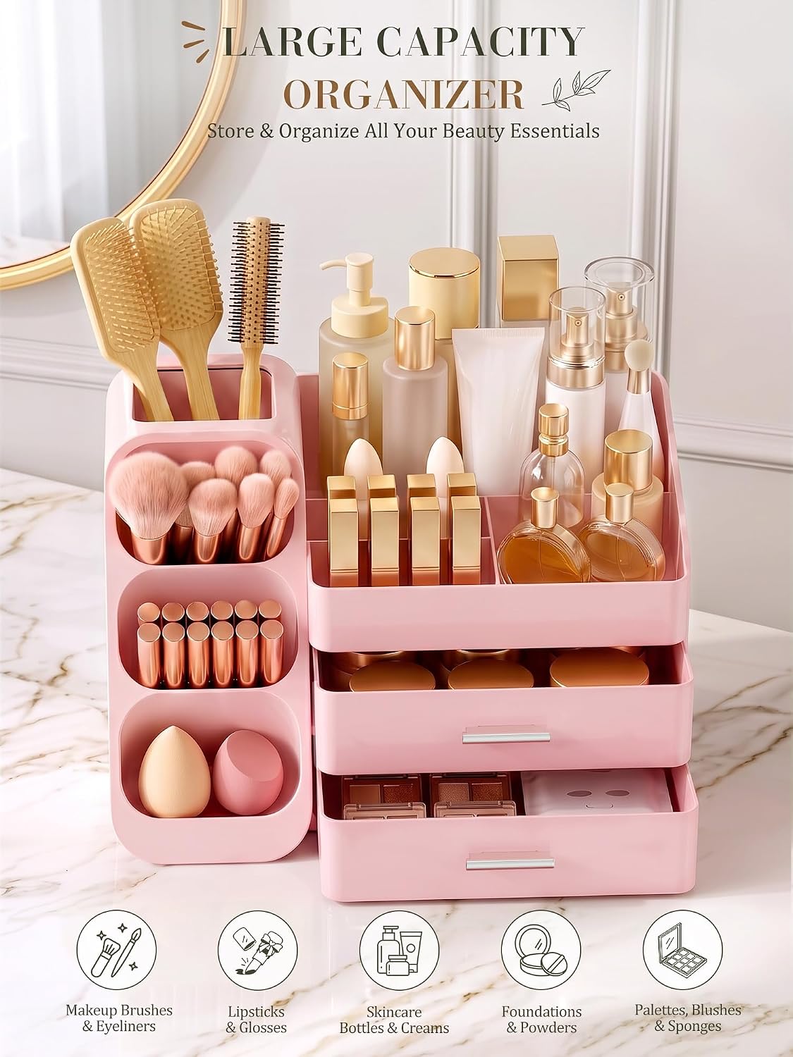 Pink Makeup Organizer with Drawer for Bathroom Countertop Dresser Desk