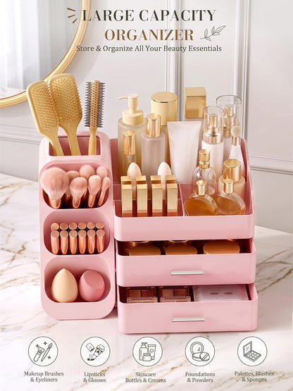 Pink Makeup Organizer with Drawer for Bathroom Countertop Dresser Desk